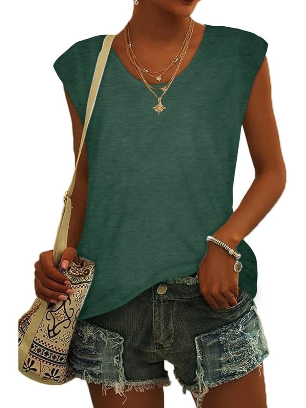 Women's Green Tank Top Summer Cap Sleeve T Shirts V Neck Dressy Casual Loose Fit
